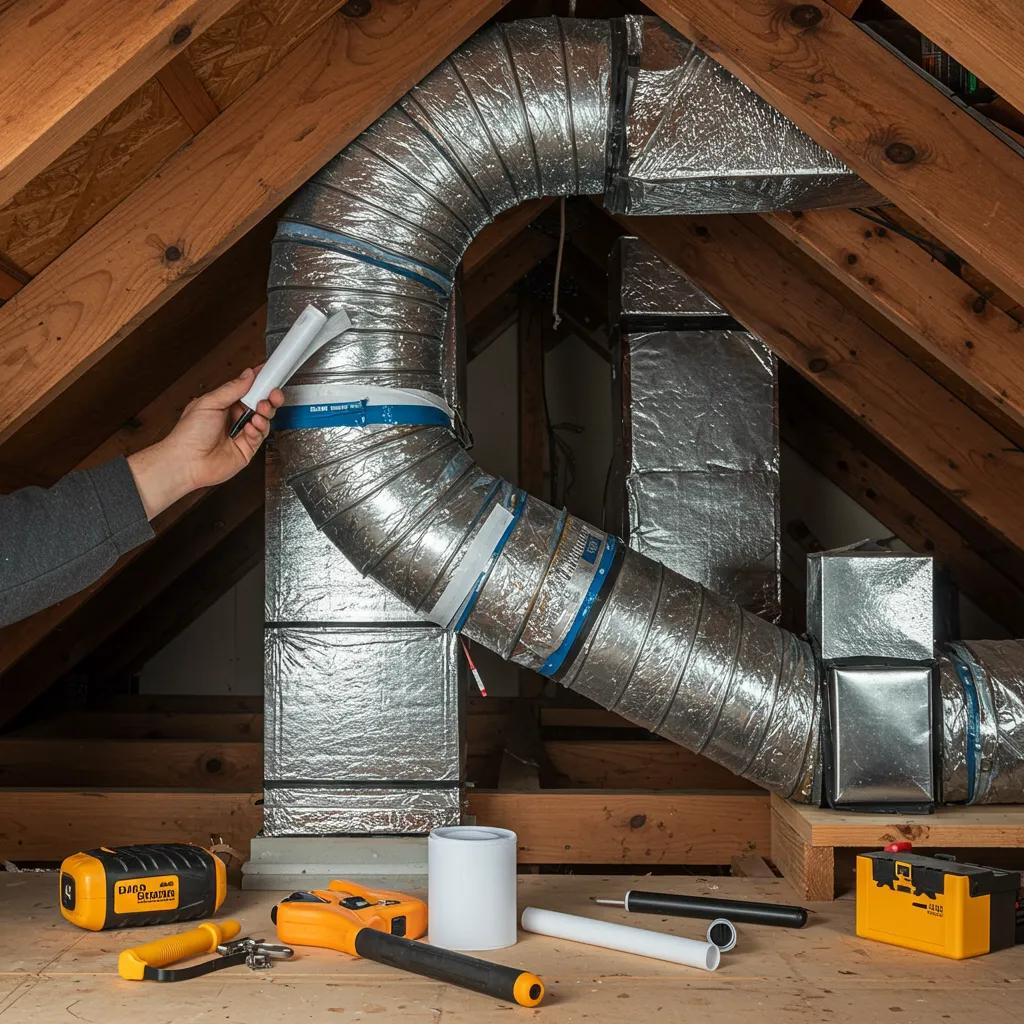 Technician inspecting and sealing ductwork to improve HVAC energy efficiency