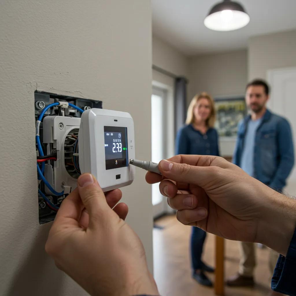 Technician installing a smart thermostat in a home to improve energy efficiency