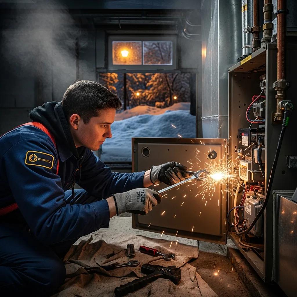 Emergency furnace technician working in cold weather to restore safe heat quickly