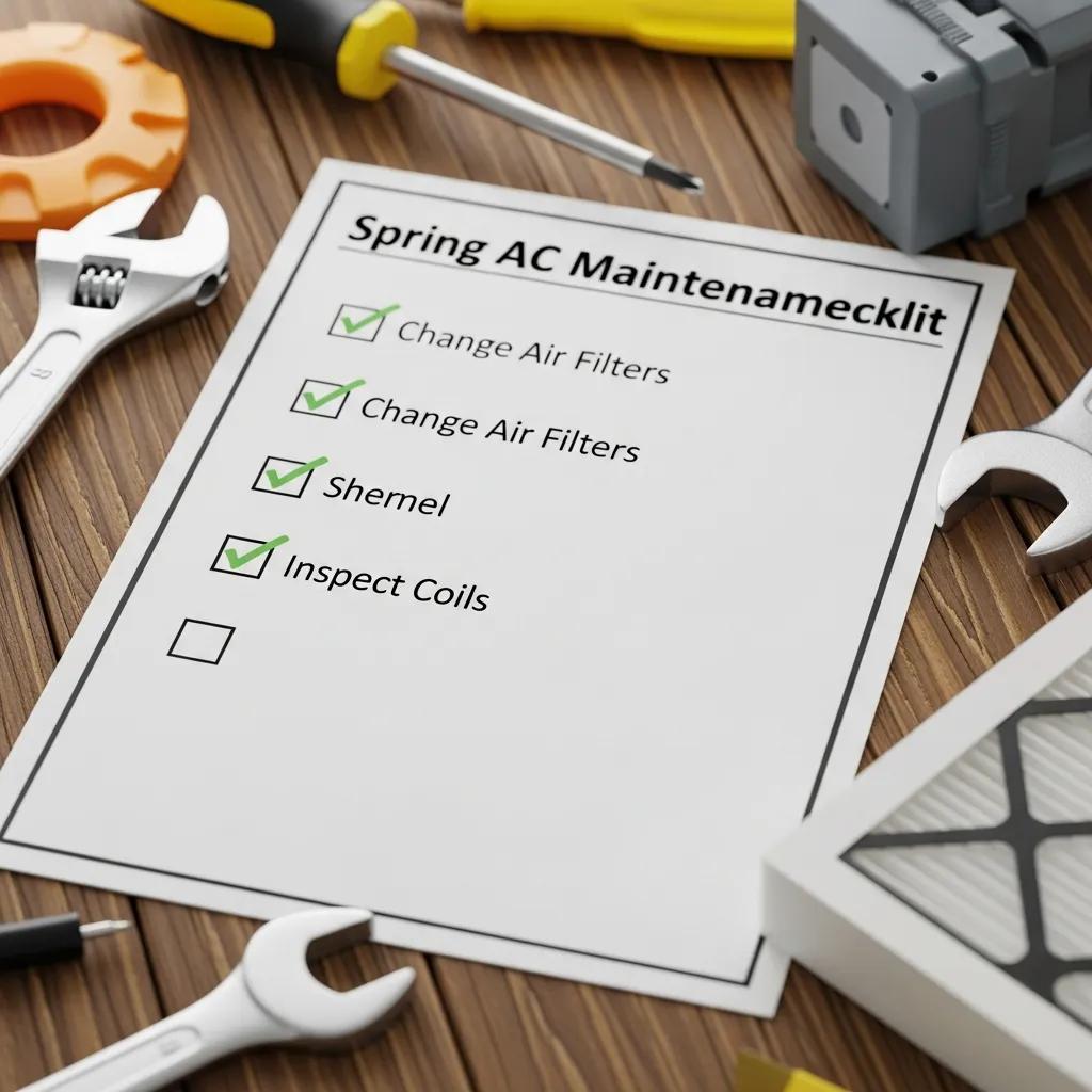 Close-up of a spring AC maintenance checklist with tools and an air filter