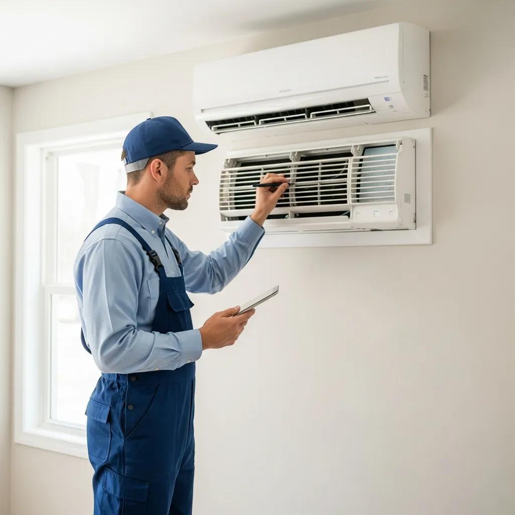 Technician inspecting an air conditioning unit in a home, emphasizing professional service