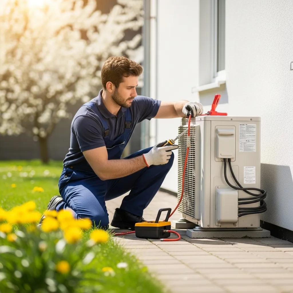 Technician performing spring AC maintenance outdoors, surrounded by blooming flowers
