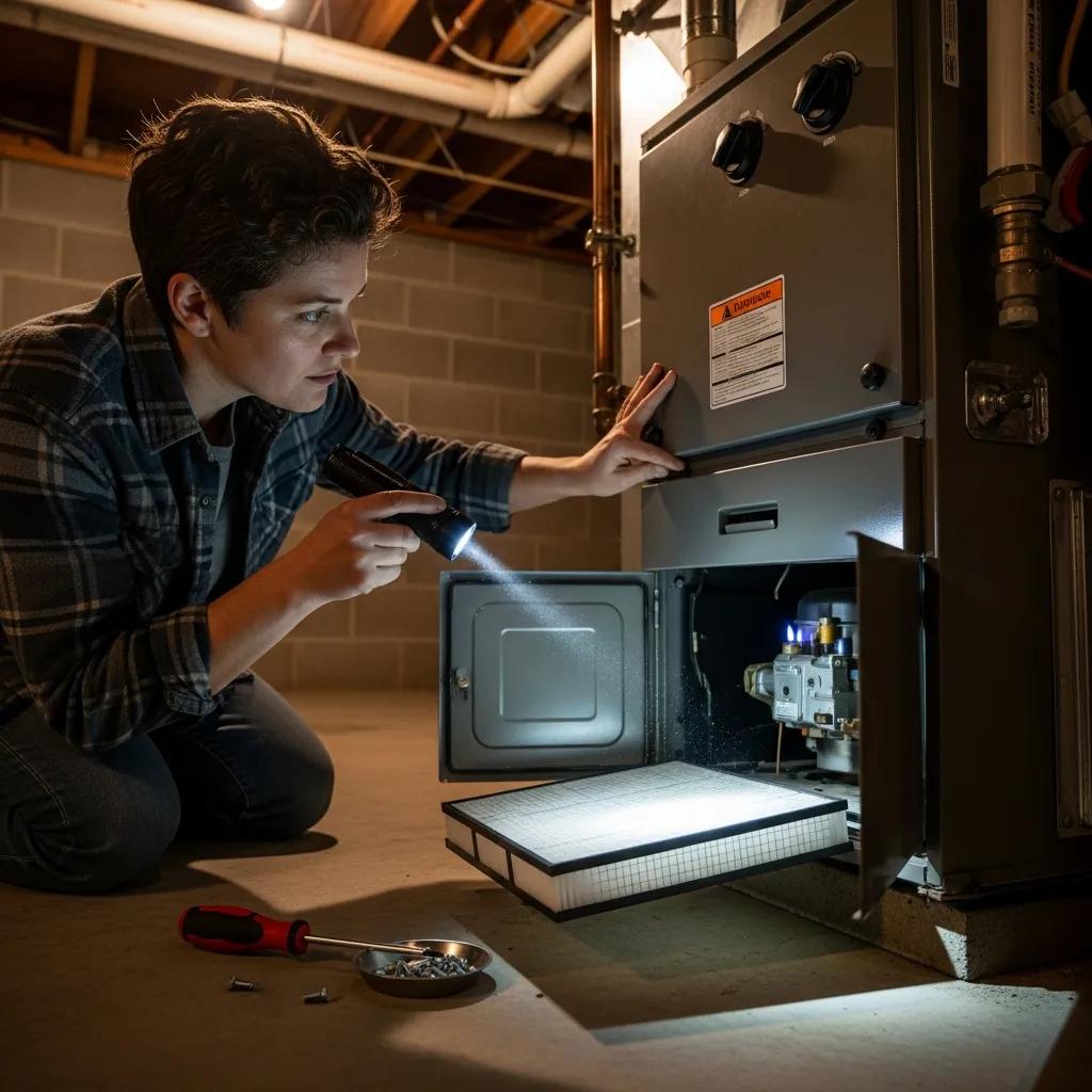 Common HVAC Issues: Diagnose Your AC Not Cooling Problems 2 Homeowner troubleshooting a furnace, checking air filter and pilot light