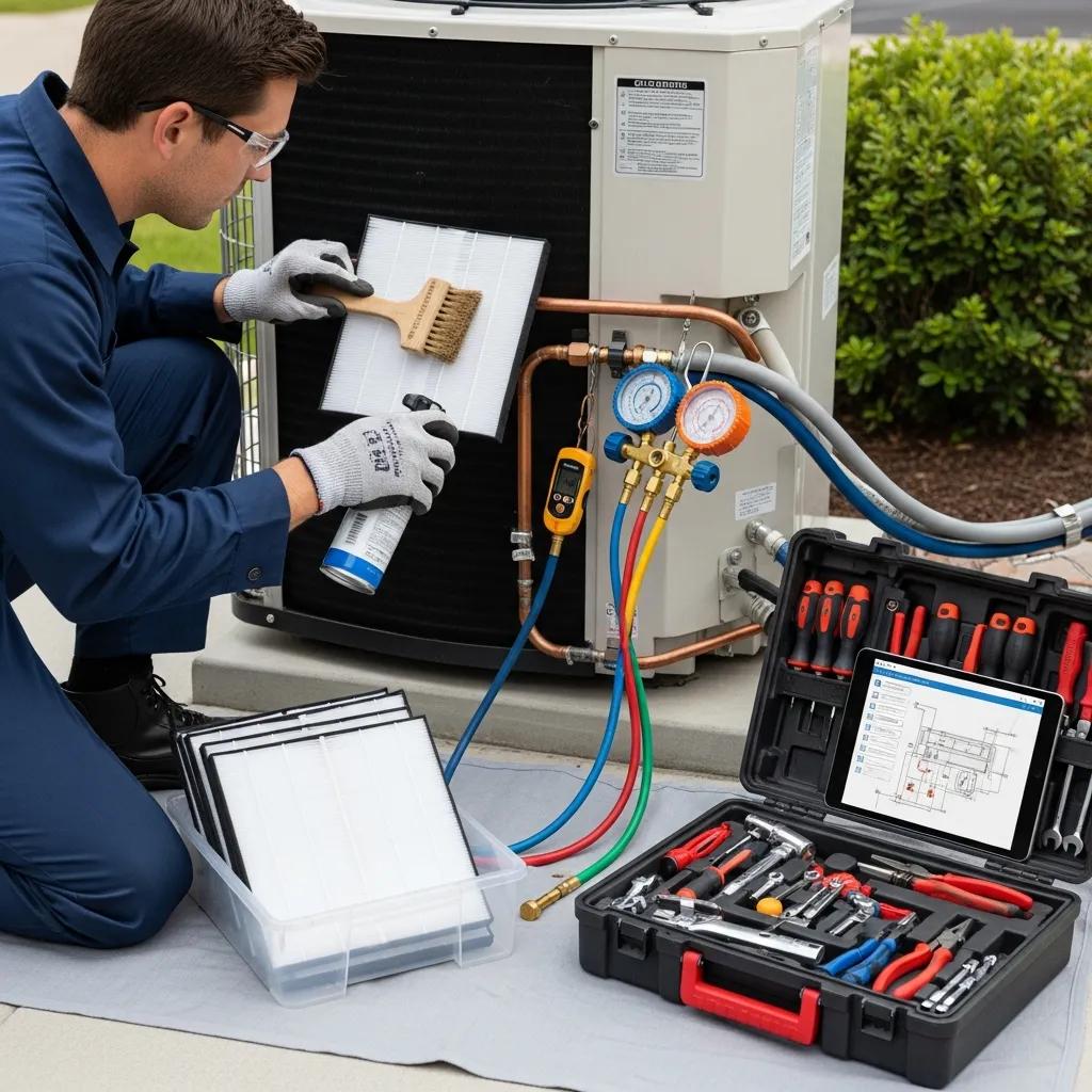 Common HVAC Issues: Diagnose Your AC Not Cooling Problems 3 Technician performing maintenance on an air conditioning unit, focusing on filter cleaning